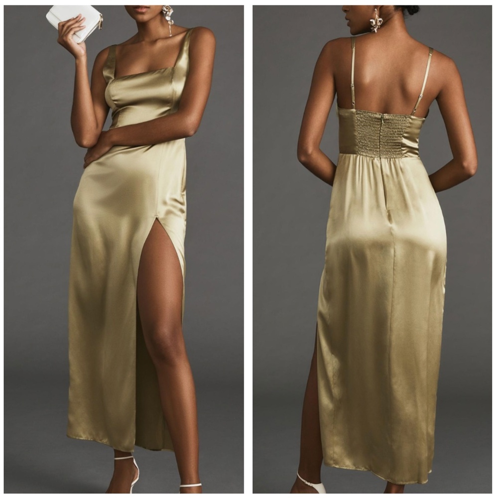 Reformation Green-Gold Silk Maxi Dress with Side Slit